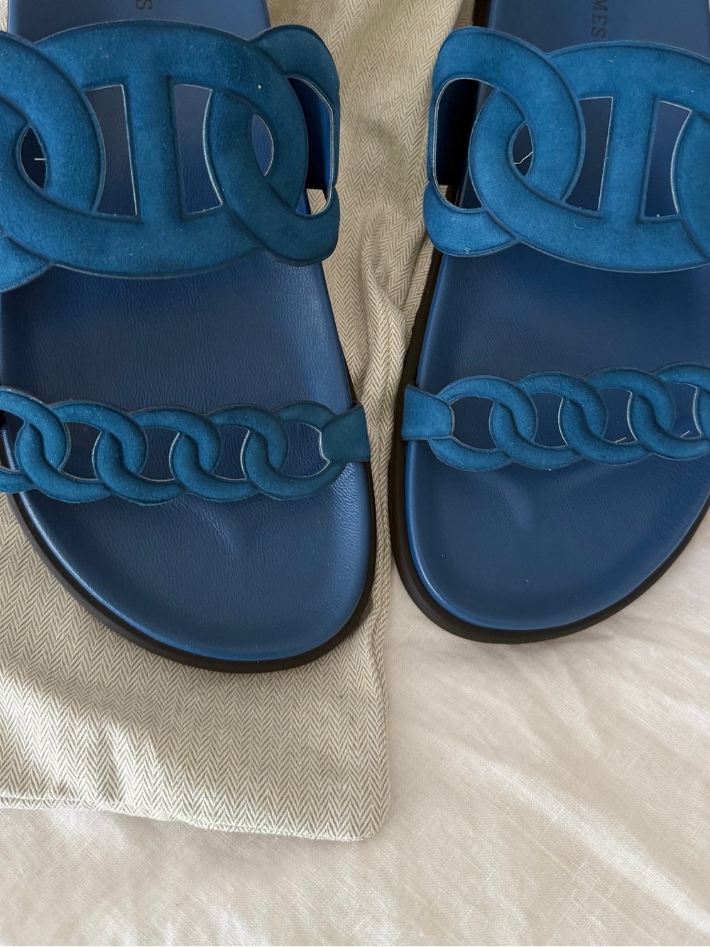 NWT Luxury Designer Style Navy Blue Chain-Link Slide Sandals Size 11US
